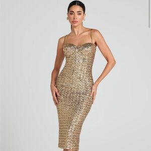 NADINE MERABI Gold Sequin Midi Dress